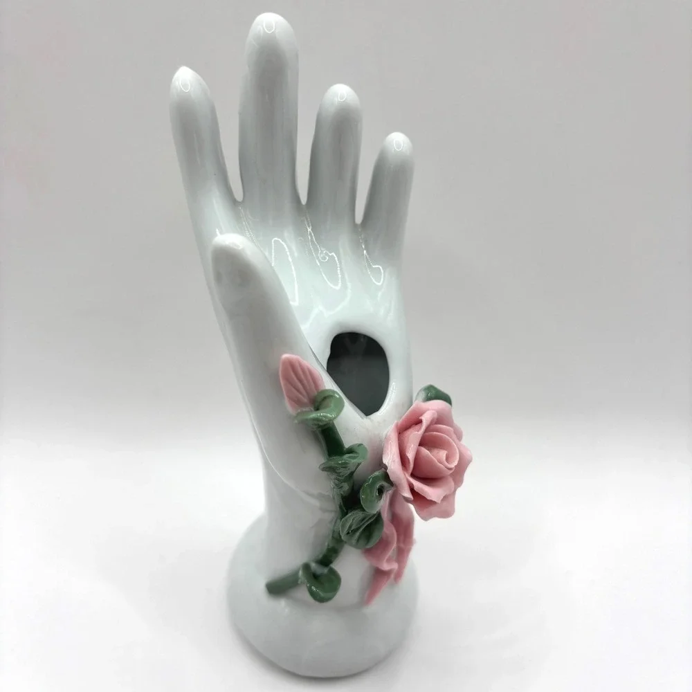 Vintage Porcelain Hand Bud Vase Ring Holder Pink Roses Hand Painted EUC